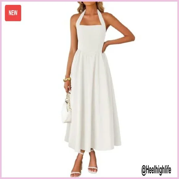 Sleeveless Halter Midi Dress Off Shoulder High Waist Flowy Beach Wedding  Guest